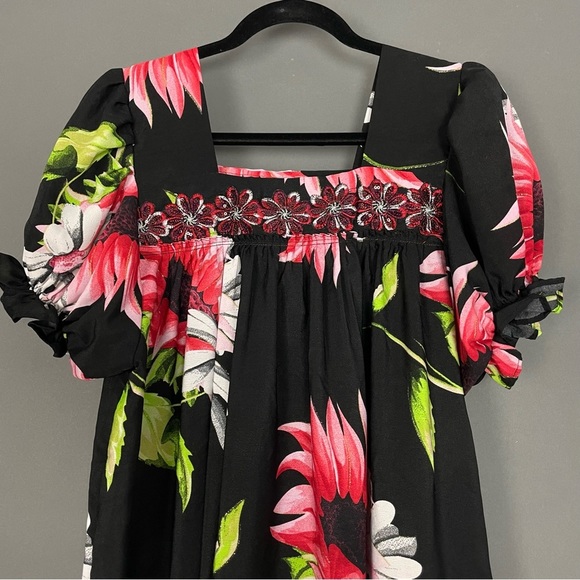 Handmade Muumuu Dress Sunflower Design Midi Black Pattern Red White Flowers Cute - Picture 4 of 11